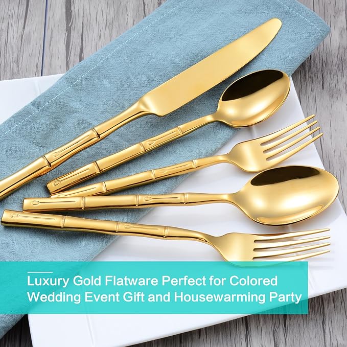 Flatware Set Stainless Steel Gold Silverware Set Cutlery Set Bamboo Pattern Mirror Finished 30 Pieces Home Event Use Wedding Housewarming Gift Service for 6