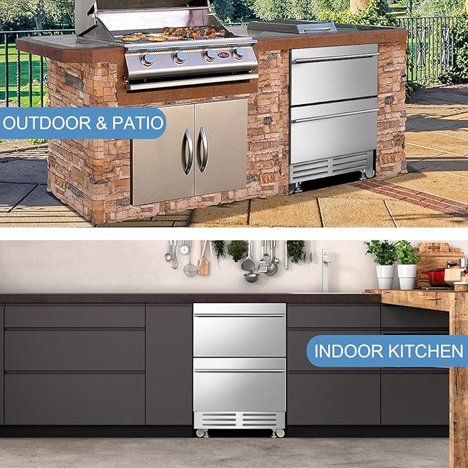 24 Inch Dual Drawer Fridge Under Counter with Wheels, Outdoor Beverage Refrigerator for Patio, Stainless Steel Weather-Proof, Freestanding or Built-In Installation, Ideal for Home and Commercial Use