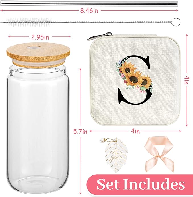 AYGXU Initial glass cups with lids and straws,personalized gifts for women,iced coffee cups,small jewelry box,travel jewelry case organizer,small jewelry travel case,Initial S white
