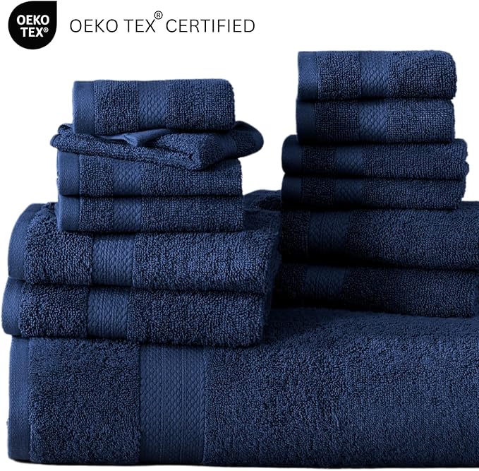 LANE LINEN 24 PCs Bath Towel Set - 2 Bath Sheets, 4 Bath Towels, 4 Fingertip, 8 Washcloths, 6 Hand Towels - 100% Ring Spun Cotton - Highly Absorbent Towels for Bathroom, Gym, Hotel & Spa - Navy Blue
