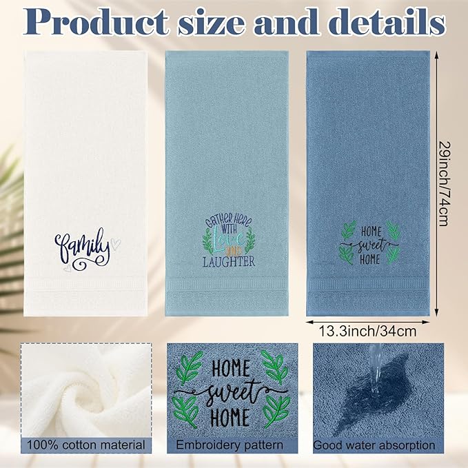 3 Pcs Farmhouse Decorative Hand Towels for Bathroom and Kitchen Rustic Embroidered 100% Cotton Hand Towels Decorative Set for Boho Bathroom Decor