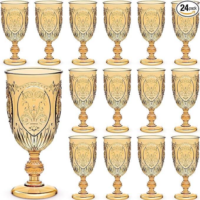 24 Pcs Plastic Goblets 7.5oz Vintage Goblet Plastic Wine Glasses Colored Retro Embossed Water Goblets for Wine Bar Juice Baby Shower Wedding Reception Grand Event Party (Amber)