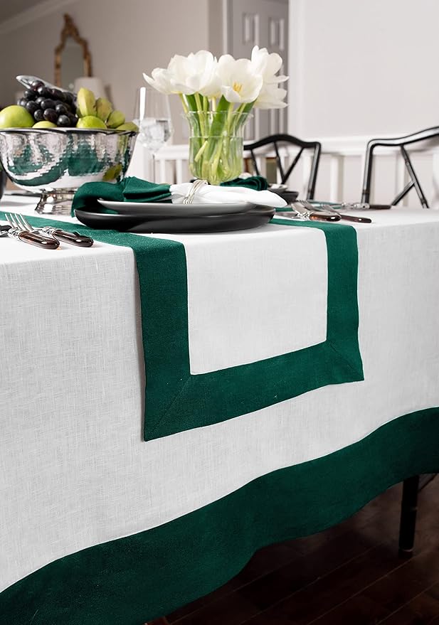 Solino Home Linen Tablecloth for Rectangle Tables 60 x 108 Inch - 100% Pure Linen Rainforest and White Table Cloth - Contempo, Machine Washable Cloth Tablecloth for Winter, New Year