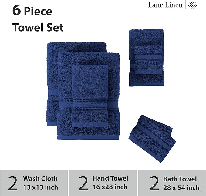 LANE LINEN Luxury Bath Towels Set - 6 Piece Set, 100% Cotton Bathroom Towel, Zero Twist, Quick Dry Shower Towels, Extra Soft Absorbent Towel, 2 Bath Towels, 2 Hand Towels, 2 Wash Cloths - Navy