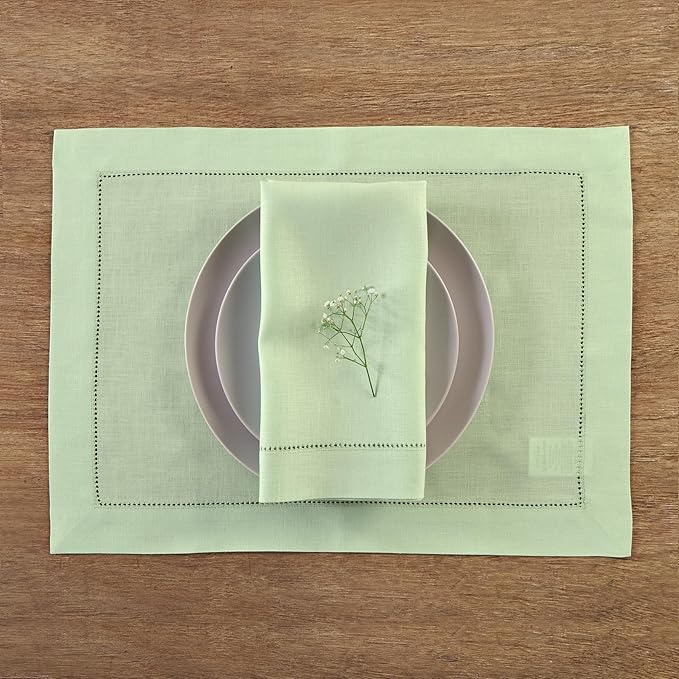 Solino Home Linen Cloth Napkins Set of 4-100% Pure Linen Light Green Dinner Napkins 20 x 20 Inch - Classic Hemstitch, Handcrafted and Machine Washable