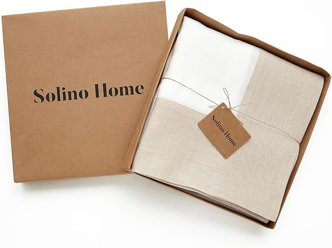 Solino Home Linen Tablecloth 60 x 90 Inch - 100% Pure Linen Natural and White Table Cloth for Rectangle Tables - Contempo, Machine Washable Tablecloth for Winter, New Year