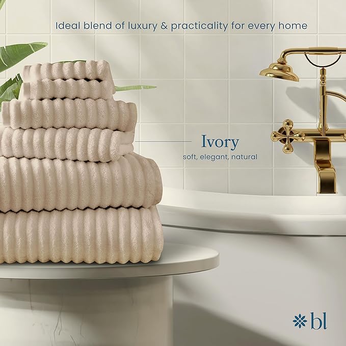 Blue Loom Ribbed Bath Towels Set, 100% Cotton 600GSM, Soft Absorbent Durable 2 Bath Towels, 2 Hand Towels, 2 Wash Cloths for Bathroom - Mason (58" x 30" inch Towels) (Ivory, 6 Piece)