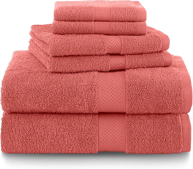 6-Piece Luxury 100% Cotton Towel Set | Quick Dry | Super Absorbent | Super Soft 100% Ringspun Cotton Towels | 2 Bath Towels | 2 Hand Towels | 2 Wash Cloths | Pink