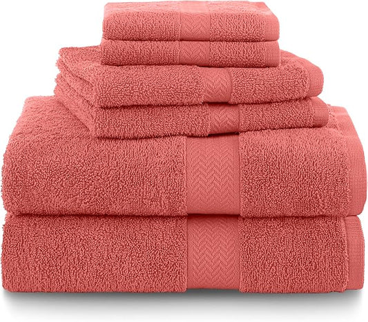 6-Piece Luxury 100% Cotton Towel Set | Quick Dry | Super Absorbent | Super Soft 100% Ringspun Cotton Towels | 2 Bath Towels | 2 Hand Towels | 2 Wash Cloths | Pink