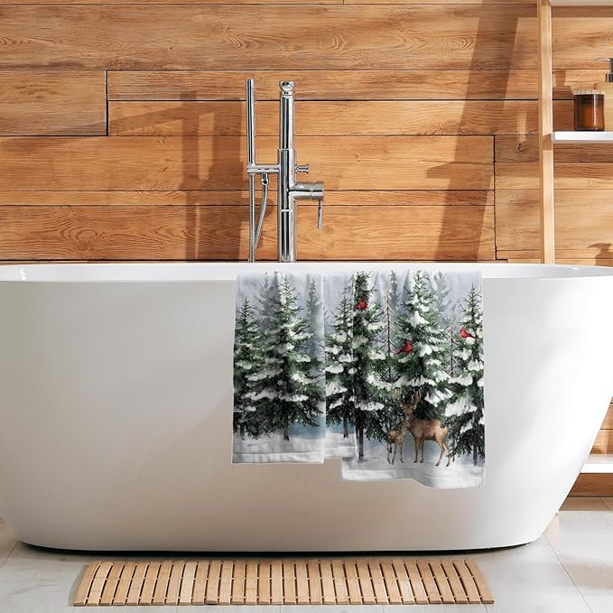 Imiss Winter Pine Tree Hand Towels for Bathroom 2 Packs Deer Forest Woodland Snowflake Bath Towels Xmas Bird Kitchen Tea Dish Towels for Seasonal Holiday Hotel Decor