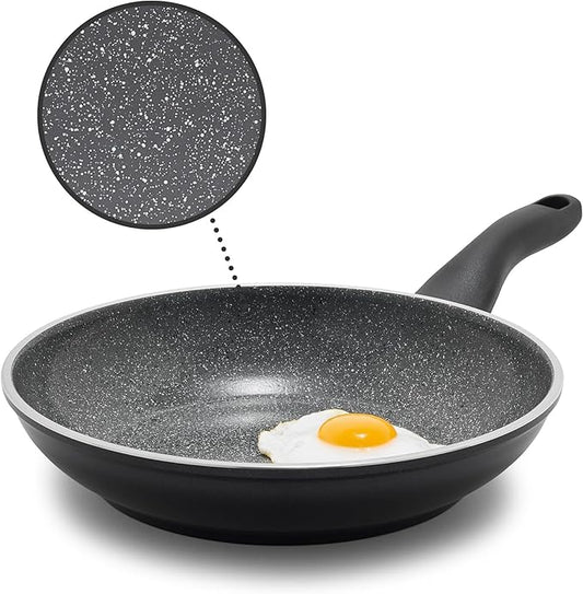 Rigoletto 8” Nonstick Frying Pan Skillet, Made in Italy, Layered Ceramic PFAS-Free Surface, Induction Ready, Dishwasher & Metal Utensil Safe, Granite Finish, Stay-Cool Handle, Black