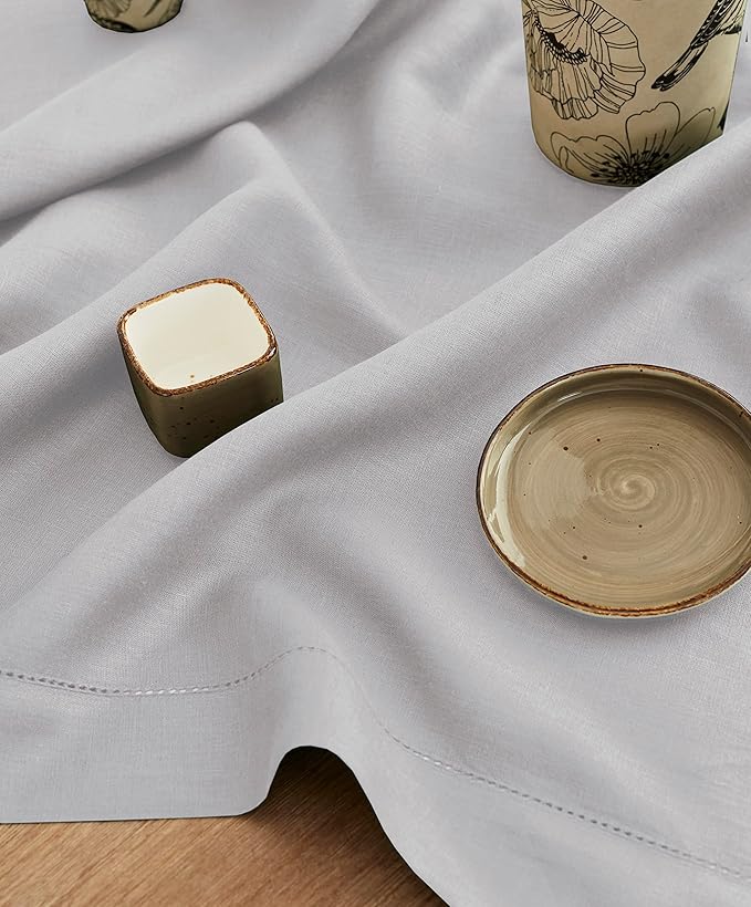 Solino Home Soft Grey Linen Tablecloth 52 x 52 Inch - 100% Pure Linen Square Table Throw - Classic Hemstitch, Machine Washable Table Cloth for Winter, New Year