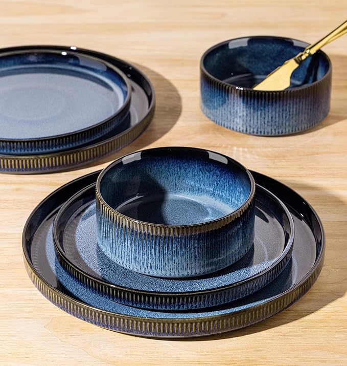 TheTerra Ceramic Dinnerware Sets for 4, 12 Pieces Porcelain Lightweight Plates and Bowls Sets, Scratch Resistant Dish Set, Oven & Microwave & Dishwasher Safe, Starry Blue