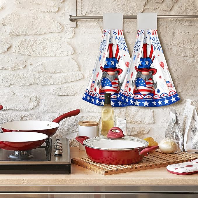 Giwawa American Flag Hand Towels 2 Pack Home Decorative Patriotic Gnome Kitchen Dish Towels Hanging Tie Towels for Bathroom Tabletop Holiday