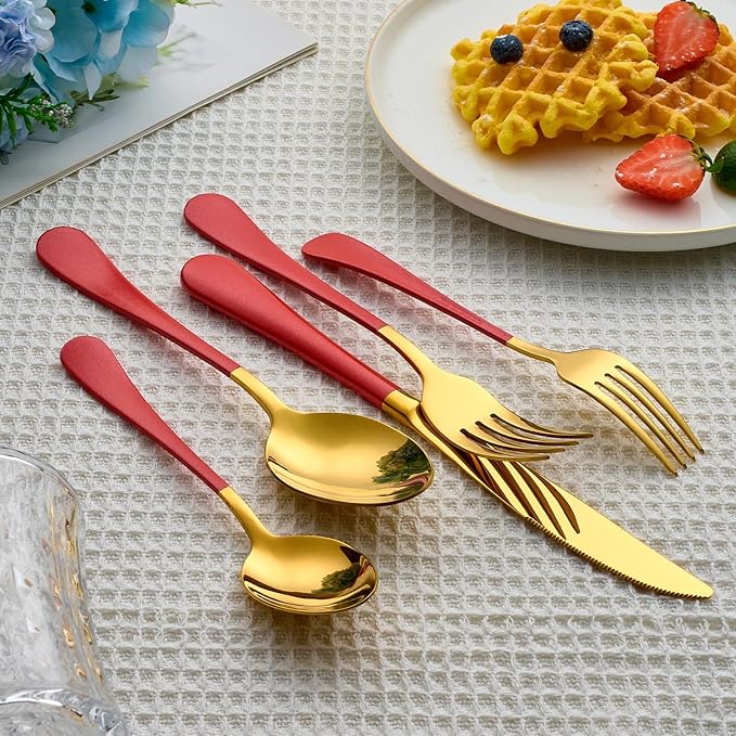 20 Piece Gold and Red 18/0 Flatware Utensil Set for 4, Include Dinner Knife,Dinner Forks,Dinner Spoons,Salad Forks,Teaspoons,Silverware Set for 4, Dishwasher Safe