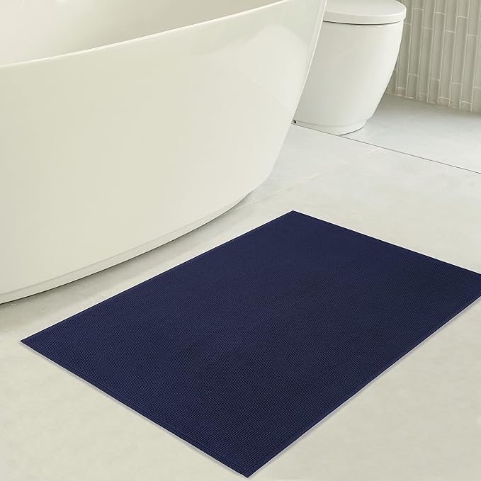 American Soft Linen Bath Rug, 20 in 34 in 100% Cotton Bath Mats Rugs for Bathroom, Slip Reducer Washable Shaggy Form Area Rugs, Navy Blue Bath Rug