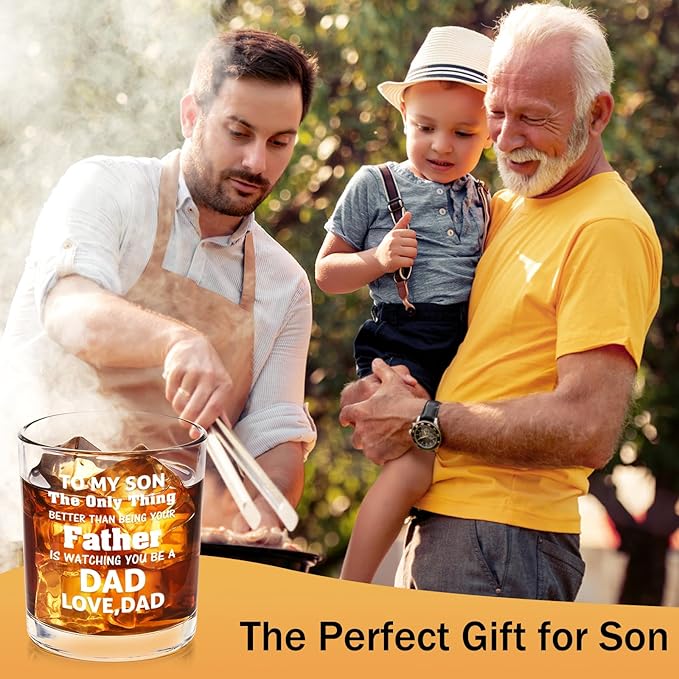 Futtumy Son Gifts from Dad, To My Son Watching You Be a Dad Whiskey Glass, Birthday Christmas Fathers Day Father to Be Gifts, 10 OZ Old Fashioned Glass