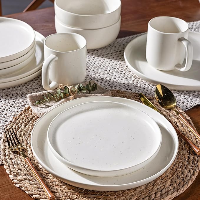 AmorArc Ceramic Dinnerware Sets, Wavy Rim Stoneware Plates and Bowls Sets, Highly Chip and Crack Resistant | Dishwasher & Microwave & Oven Safe Dishes set, Service for 4 (12pc)-Matte Speckled White