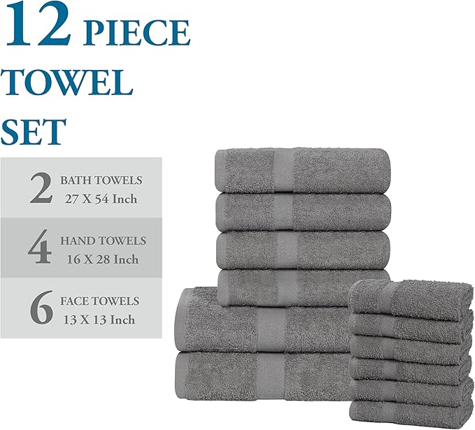 Superior 12-Piece Cotton Assorted Towel Set, Includes 6 Face/Washcloths, 4 Hand, and 2 Bath Towels, Lightweight Essentials, for Home, Gym, Beach, Bathroom, Quick Drying, Franklin Collection, Charcoal