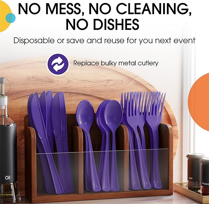 Party Solids Purple Plastic Spoons 200 Pieces Purple Spoons Disposable Utensils Heavy Duty Plastic Cutlery Set Disposable Cutlery Sets Flatware Sets Silverware Set Party Supplies & Party Tableware