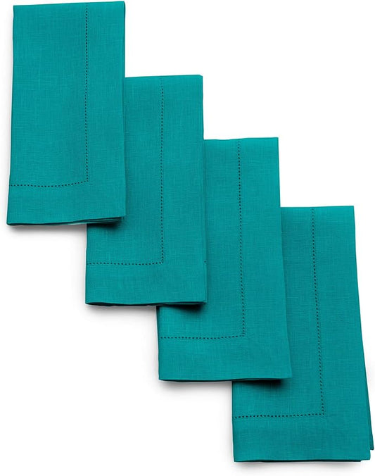 Solino Home Linen Napkins Set of 4 - Classic Hemstitch 100% Pure Linen Teal Dinner Napkins Cloth 20 x 20 Inch for Fall, Autumn, Thanksgiving, Christmas - Handcrafted and Machine Washable