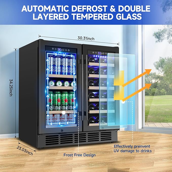 30 Inch Wine and Beverage Refrigerator, Dual Zone Wine Fridge 30", Beverage Cooler Under Counter or Freestanding 30" Wine Beer Fridge with Upgraded Cooling, Holds 30 Bottles and 110 Cans, Black