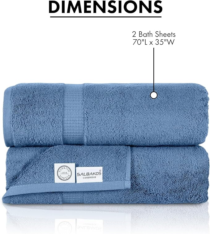 SALBAKOS 100% Turkish Cotton Extra Large Bath Sheet Set of 2 35x70 inch | Heirloom Quality | Hotel & Spa Collection | Soft, Absorbent Oversize Bath Towels | Made in Turkey (Blue, 2 Bath Sheets)