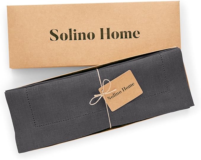 Solino Home Linen Cloth Placemats Set of 4-100% Pure Linen Medium Weight Hemstitch Charcoal Placemats 14 x 19 Inch - Handcrafted and Machine Washable Place Mats for Winter, New Year