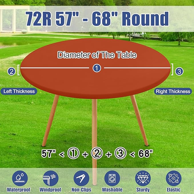 Round Spandex Thanksgiving Tablecloth, Elastic Fitted Waterproof Tablecloths for 57"-68" Tables, Stretch Washable Picnic Table Cover for Camping, Dining, Indoor and Outdoor, Rust