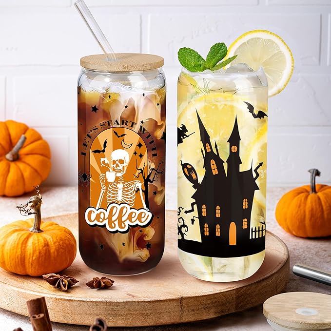 Joeyan Halloween Glass Cups with Lids and Straws,20 oz Iced Coffee Tumbler with Skull and Black Star Patterns,Funny Can Shaped Beer Drinking Glasses,Holiday Gifts for Women Mom Friend Teen