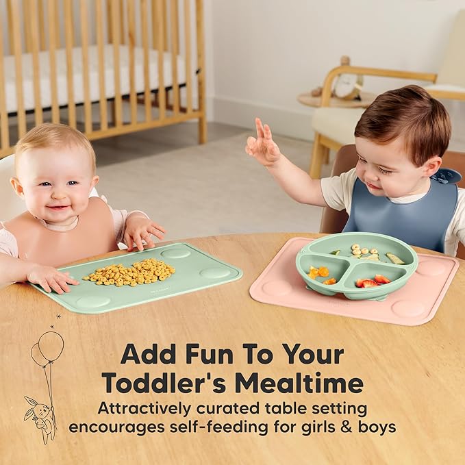 KeaBabies 2-Pack Silicone Placemats for Toddlers - 12x9 Non Slip Suction Baby Silicone Placemat for Kids Eating, Easy to Clean, Busy Travel Baby Mat for Dining Table, Food Grade/BPA-Free (Mellow)