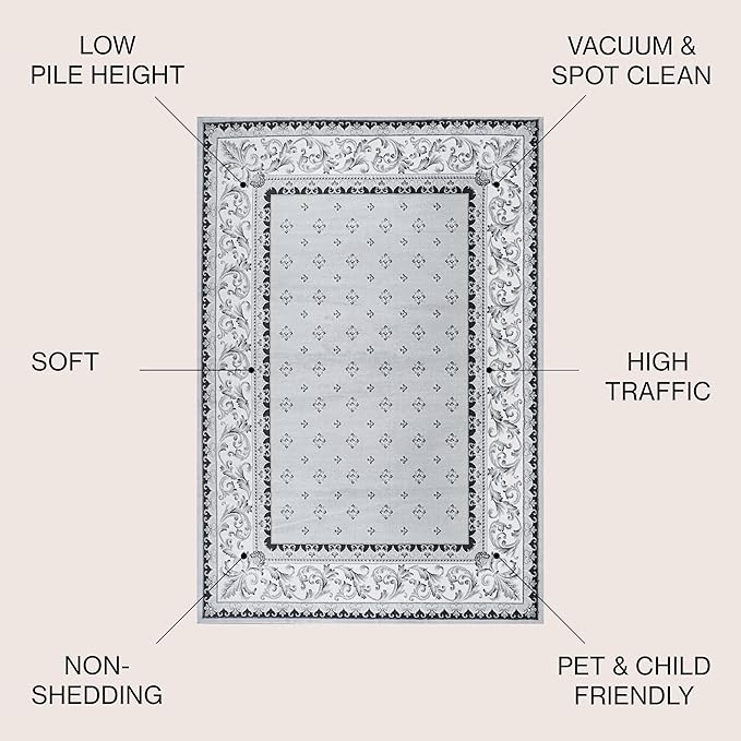 JONATHAN Y Acanthus French Border Light Gray/Cream Indoor Area Rug, 4x6, Vintage, Bohemian, Easy-Cleaning for Living Room, Bedroom, Kitchen, Pet Friendly, Non-Shedding (MDP504F-4)