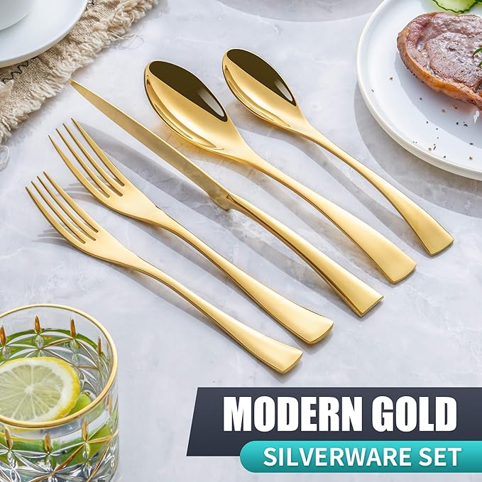 20 Pieces Gold Silverware Set Service for 4,Modern 18/10 Stainless Steel Flatware Cutlery Set,Utensil Set for Home Restaurant Hotel,Mirror Polished,Dishwasher Safe