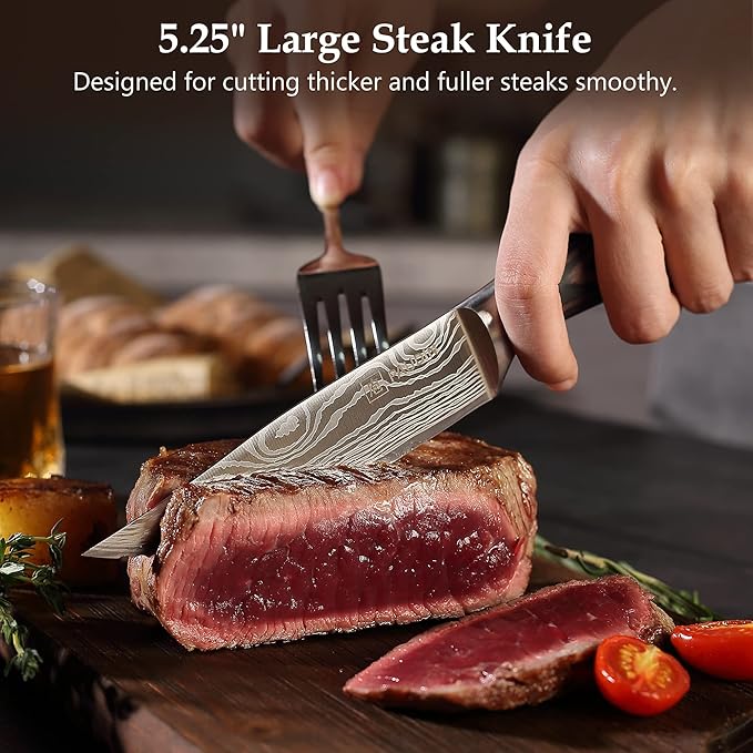 PAUDIN Steak Knives Set of 6, Ultra Sharp Steak Knives 5.25 inch, High Carbon Stainless Steel Steak Knife Set, Serrated Steak Knife with Pakkawood Handle for Steak House Restaurant