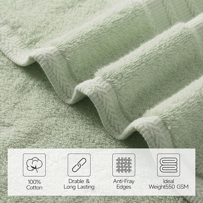 REDKISS Green Towel Set of 8-100% Cotton Luxury Bath Towels Set for Bathroom, 600 GSM Highly Absorbent Bathroom Towel with 2 Large Bath Sheet, 2 Hand, 4 Washcloths, Green Shower Towels for Dorm