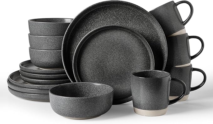 Famiware Milkyway Stoneware Dinnerware Sets with Mugs, Service for 4 (16 Pieces), Reactive Glaze Plates and Bowls Sets, Microwave and Dishwasher Safe Dishes Set, Matte Dark Charcoal