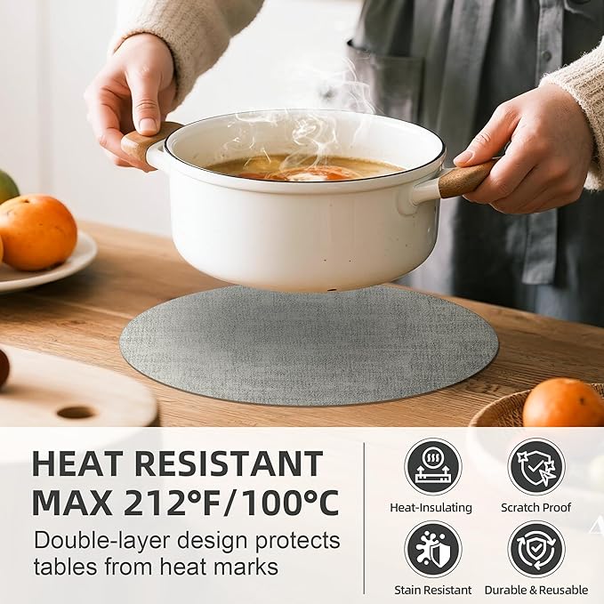 15 inch Faux Leather Round Placemats Set of 6 Non-Slip Washable Wipeable Table Mats, Heat Resistant Waterproof Oilproof Grey Place Mats for Kitchen, Dining, Party, Indoor, Outdoor