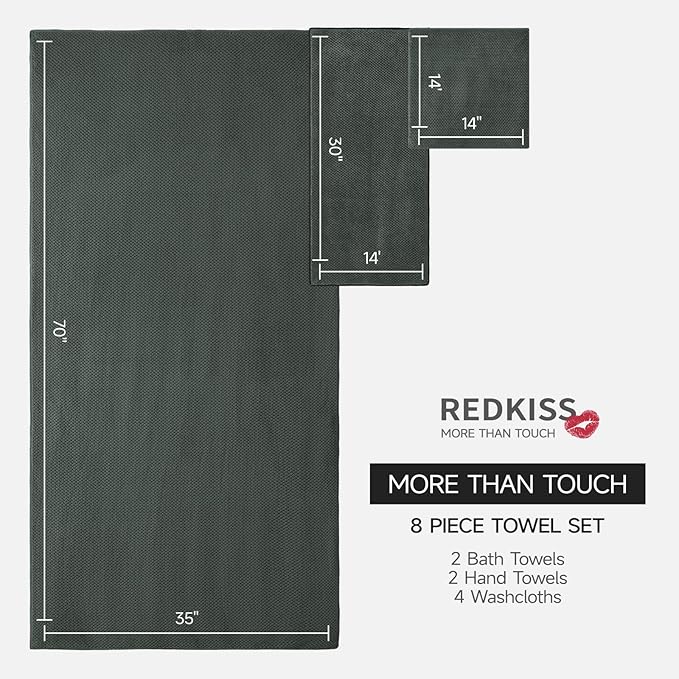 REDKISS Premium Towel Set of 8 - Ultra Soft Microfiber, Contains 2 Large Bath 35x70, 2 Hand 14x30, 4 Washcloths 14x14, Highly Absorbent, Quick Dry, Ideal for Everyday use, Hotel & Spa, Gray