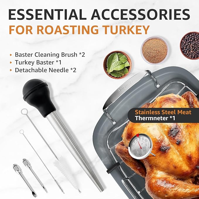 Turkey Roasting Pan, 17x13 Inch Nonstick Roaster Pan with Removable Rack, Turkey Baster, Meat Thermometer, Turkey Brine Bags, Ideal for Roasting Turkey, Meats & Vegetables (Cream&Silver)