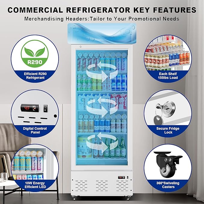 White Commercial Glass Door Display Refrigerator 15 Cu.ft Cooler Beverage Refrigerators with LED Light and 5 Shelves for Cafe Restaurant Store Bar