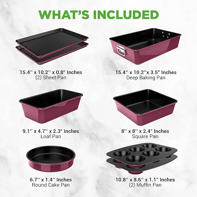 NutriChef 8-Piece Nonstick Stackable Bakeware Set - PFOA, PFOS, PTFE Free Baking Pan Set w/Non-Stick Coating, 450°F Oven Safe, Round Cake, Loaf, Muffin, Wide/Square Pans, Cookie Sheet (Plum)