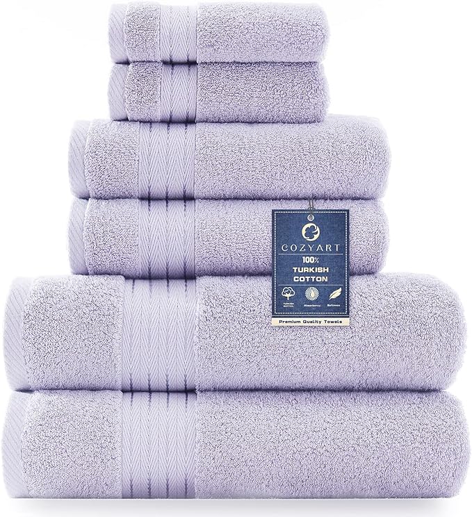 COZYART Lavender Luxury Bath Towel Set, Turkish Cotton Hotel Towel Bulk for Bathroom, Thick Bathroom Sets of 6 Pcs with 2 Large Bath Towels, 2 Hand Towels, 2 Washcloths, 650 GSM.