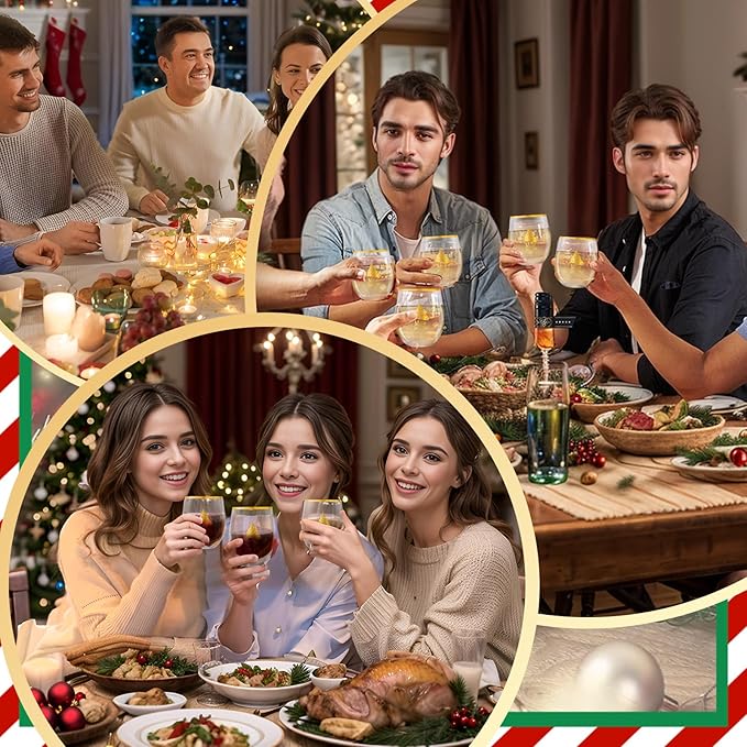 SUT Plastic Wine Glasses, Plastic Christmas Wine Glasses, Plastic Cups, Disposable Wine Glasses, Disposable Cups, 12oz Gold Plastic Wine Glasses for Christmas(24PCS)