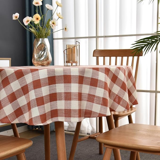 Gingham Table Cloth for Round Tables Orange Checkered Plaid Tablecloth Heavy Duty Cotton Blend Washable & Wrinkle Table Cover for Outdoor Kitchen Dining Picnic Camping (53 inch Diameter)