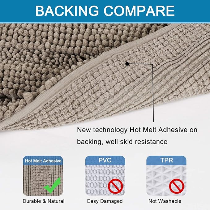 H.VERSAILTEX Bath Mats for Bathroom Non Slip Extra Thick Chenille Striped Bath Rug 24" x 36" Absorbent Non Skid Fluffy Soft Shaggy Rugs Washable Dry Fast Plush Mats for Indoor, Bath Room, Tub - Taupe