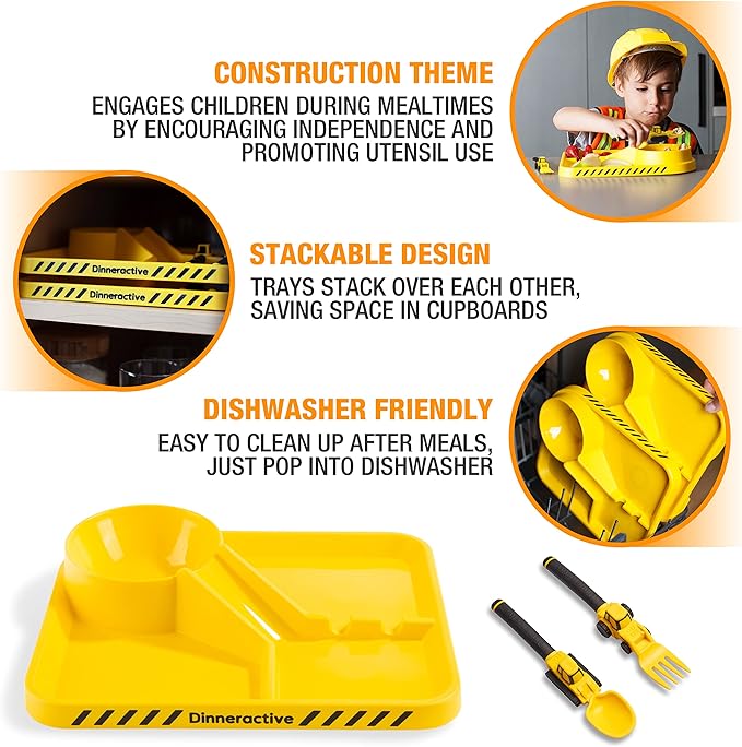 Dinneractive Dining Set for Kids - 3 Piece Construction Themed Toddler Utensils & Toddler Plates - Toddler Forks and Spoons - Kid Plate set