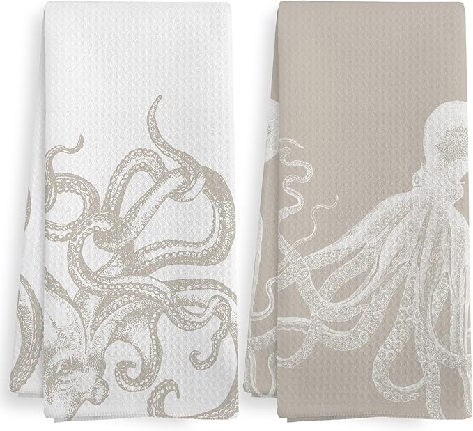 Coastal Beige Octopus Beach Decor Dish Hand Tea Towels for Bathroom Kitchen, Girly Octopus Ocean Nautical Beachy Bathroom Decor, Coastal Kitchen Towels and Dishcloths Sets of 2, 16x24 Inch