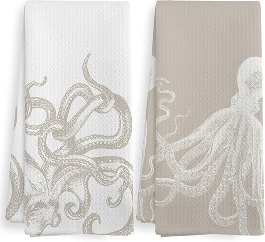 Coastal Beige Octopus Beach Decor Dish Hand Tea Towels for Bathroom Kitchen, Girly Octopus Ocean Nautical Beachy Bathroom Decor, Coastal Kitchen Towels and Dishcloths Sets of 2, 16x24 Inch