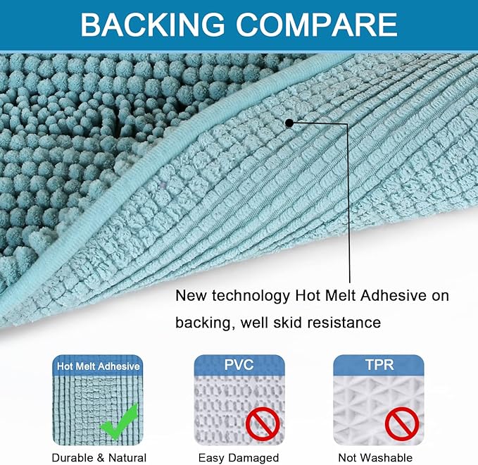 H.VERSAILTEX Bath Rugs for Bathroom Non Slip Bath Mats Extra Thick Chenille Striped Rug 20" x 32" Absorbent Non Skid Fluffy Soft Shaggy Washable Plush Mat for Indoor, Bath Room, Tub - Aqua Haze