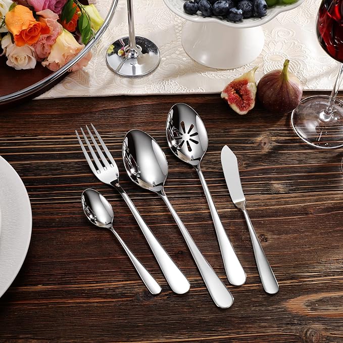 KEAWELL Premium 65-Piece Louise Silverware Set, 18/10 Stainless Steel, Service for 12, Fine Flatware Set, Smooth and Exceptional mirror finish, Dishwasher Safe (65)